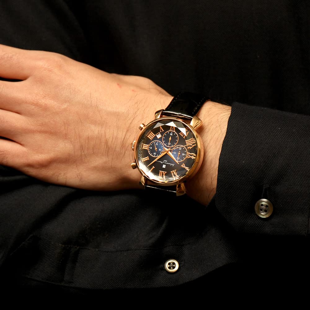 Salvatore Marra Glass Chronograph with Leather Gradient and Men's Watch, Multi-faceted Strap, Green, Blue, Black, SM19104-PGBLBK