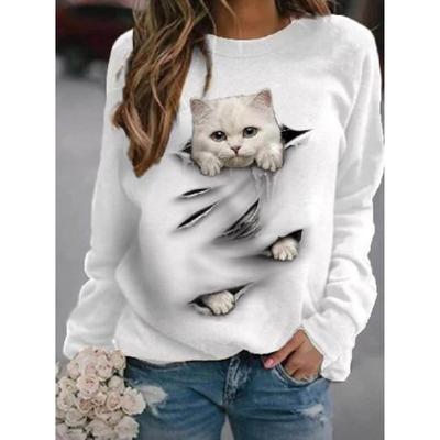 Moletom Casual Feminino de Manga Longa com Gola Redonda e Estampa de Gato Fina - Novo para Primavera e Outono