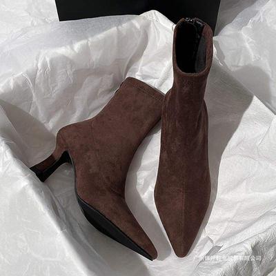 Women's Shoes Brown Short Boots Women's High Heels Autumn and Winter New Versatile French Thin Heel Elastic Boots Suede Pointed Thin
