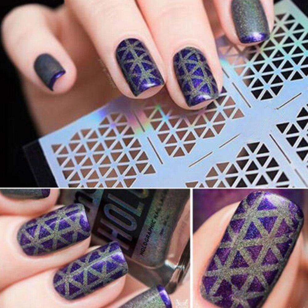 12 tipů/list DIY vinylové šablony na nehty 24 stylů Laserové stříbrné samolepky na nehty Šablona razítka Manikúra Vzor nástroje