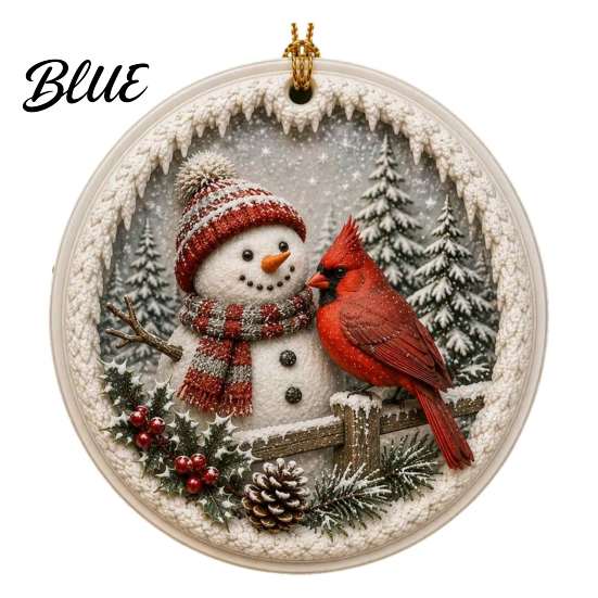 Festive Hanging Decor Acrylic Christmas Red Bird Ornament, Snow Scene Pattern Xmas Tree Ornaments Decor, Retro Round Pendant for Winter Holiday Party