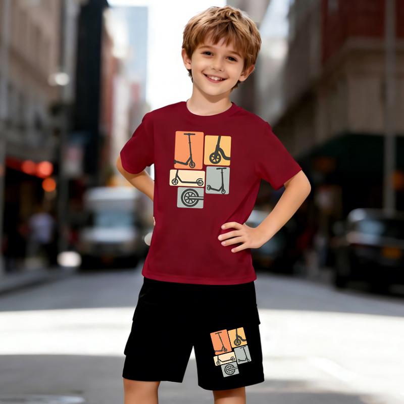 Boys 2 Piece Scooter Themed Printed T-shirt Outfit, Short Sleeve T-Shirt and Shorts Set for Kids Age 5-14,Black and White Sporty Casual Summer Clothes