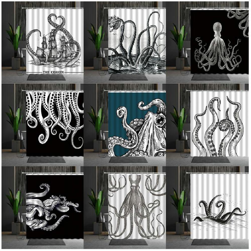 Funny Sea Monster Octopus Shower Curtain Marine Organism Tentacle Black And White Style Bath Curtains Bathroom Decor Fabric Hook
