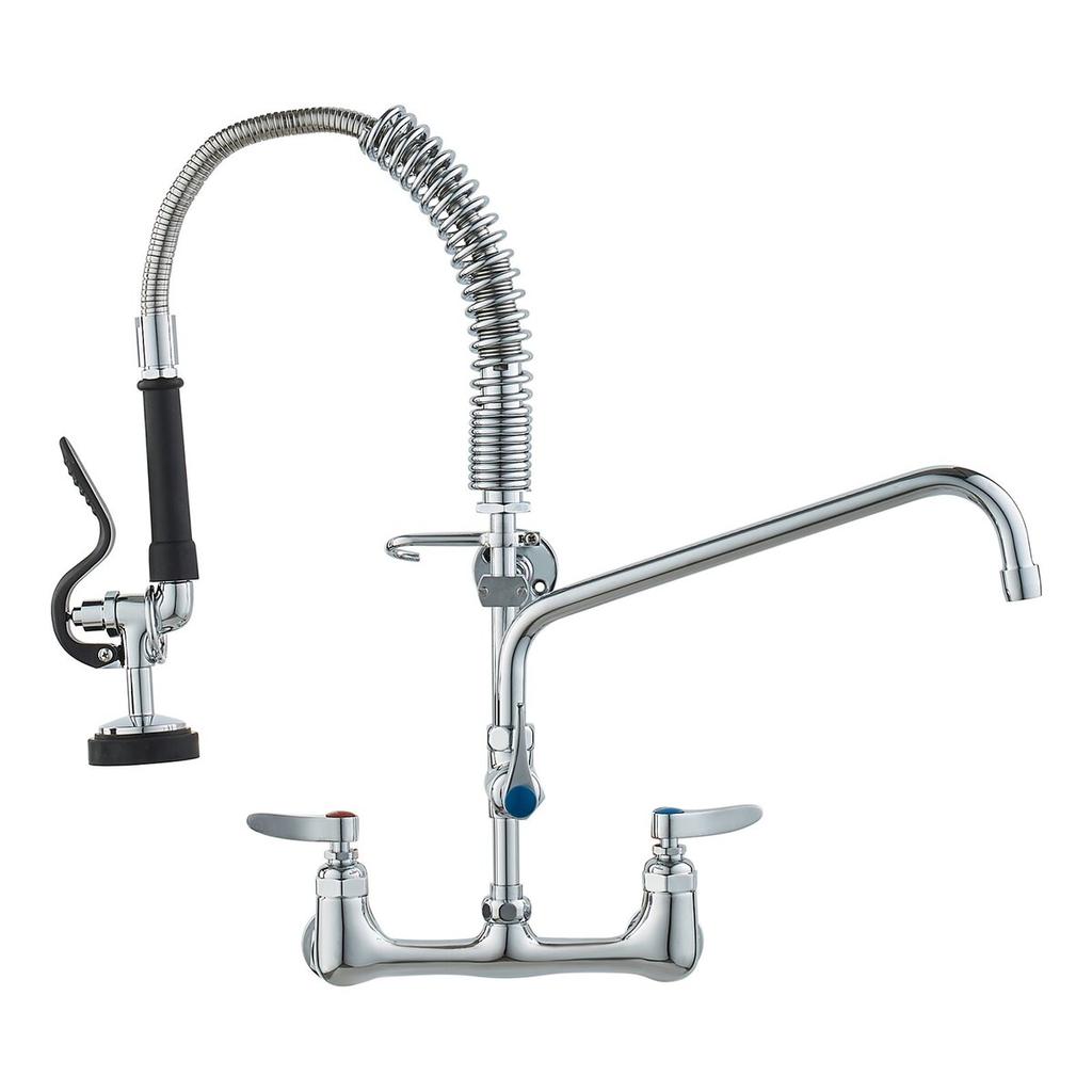 Commercial Faucet with Pre-Rinse Sprayer, 21" Height, 8" Center, 12" Swing Spout, Wall Mount Kitchen Sink Faucet, Brass Constructed Device with Pull