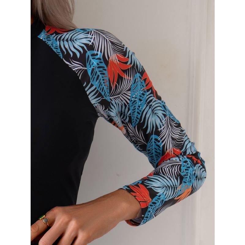 New women's zipper splicing printed long-sleeved boxers split competitive swimsuit