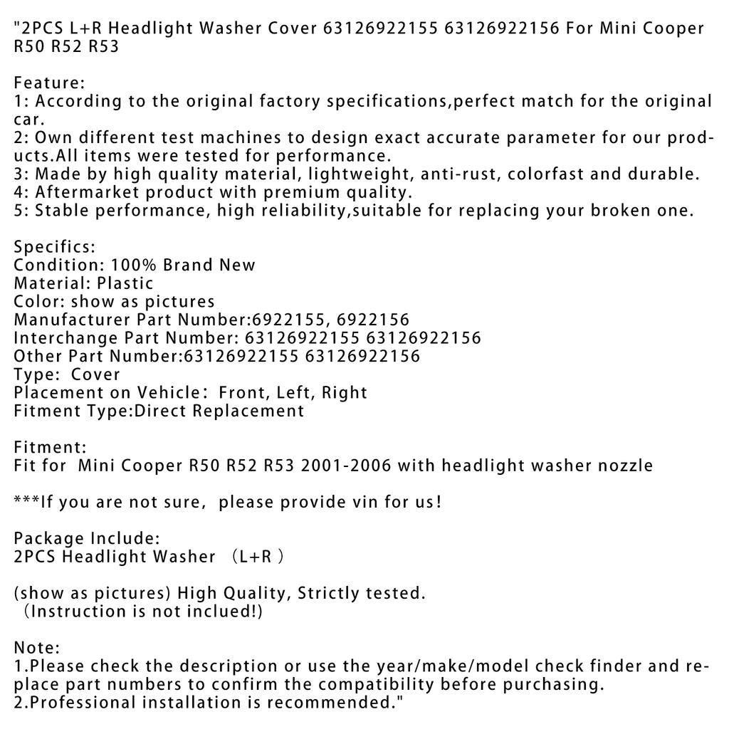 2 STÜCK L+R Scheinwerferreinigungsabdeckung 63126922155 63126922156 Für Mini Cooper R50 R52