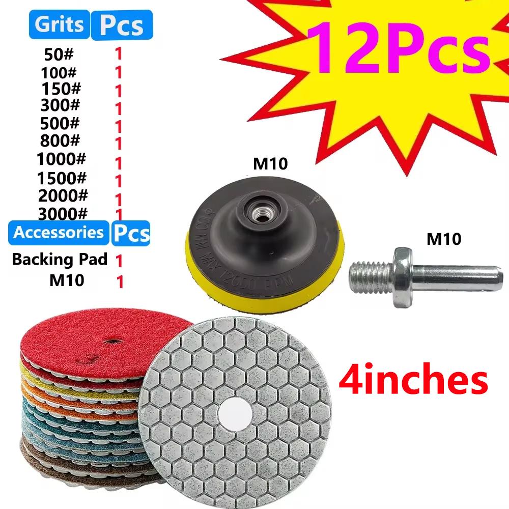 10/12Pcs 4 inch Diamond Polishing Pads Dry/Wet Buff Disc Abrasive for Sanding Granite Quartz Tile Glass Grinding Tools