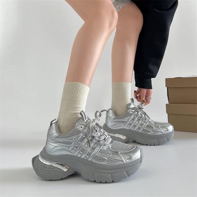 Retro Silver Showing Feet Small Platform Dad Shoes Women's 2025 New Spring and Autumn Lightweight Height Increase Versatile Sports Shoes