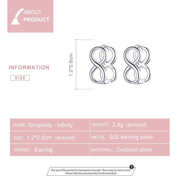 Bisaer 925 Sterling Silver Simple Fashionable Infinity Symbol Shape Stud Earrings for Women Wedding Fine Jewelry