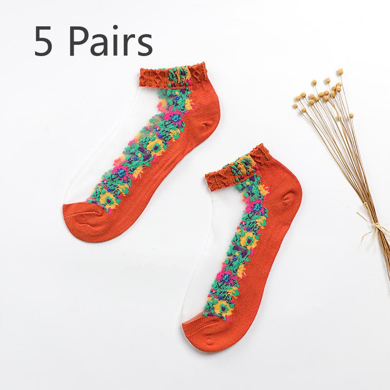 5 Pairs of Ladies Autumn Thin Floral Embroidered Glass Silk Clear Cotton Bottom Crystal Ice Stockings