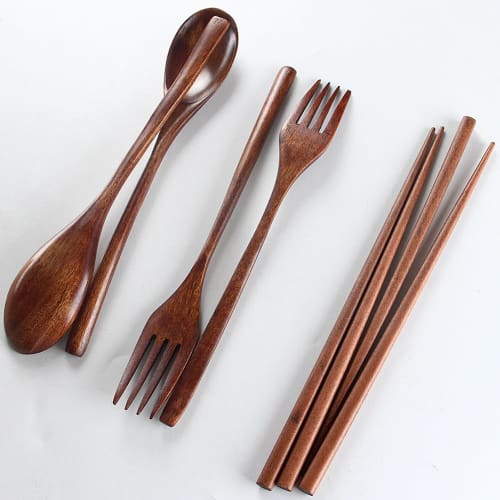 AOOSY Wooden Spoon, Fork, and Chopsticks (6-Piece Set, 2-Piece Set) - Natural Wood Tableware Set, Carved from a Block of Wood, No Glue, with Natural L