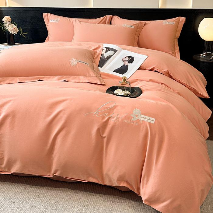 Luxury Pure Cotton Flannel Four-Piece Bedding Set: Solid Color Embroidered Bed Sheet & Duvet Cover Gift.