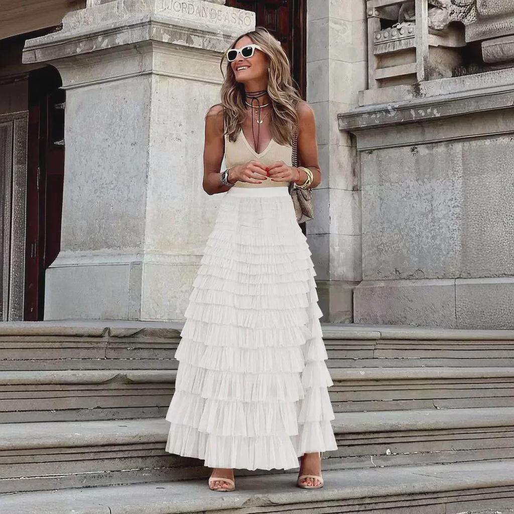 "Kadınların Zarif Sonbahar Fransız Yüksek Bel Uzun File Etek – Avrupa & Amerikan Tarzı Puf Kek Etek"