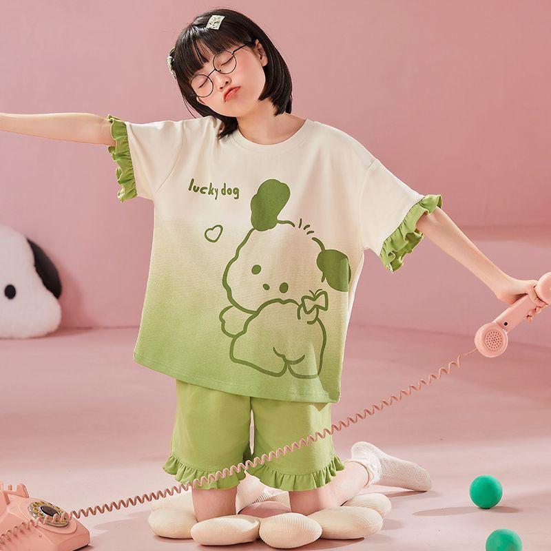 Girls Cotton Cartoon Pajama Set Short Sleeve Shorts Sleepwear Kids 8 Years