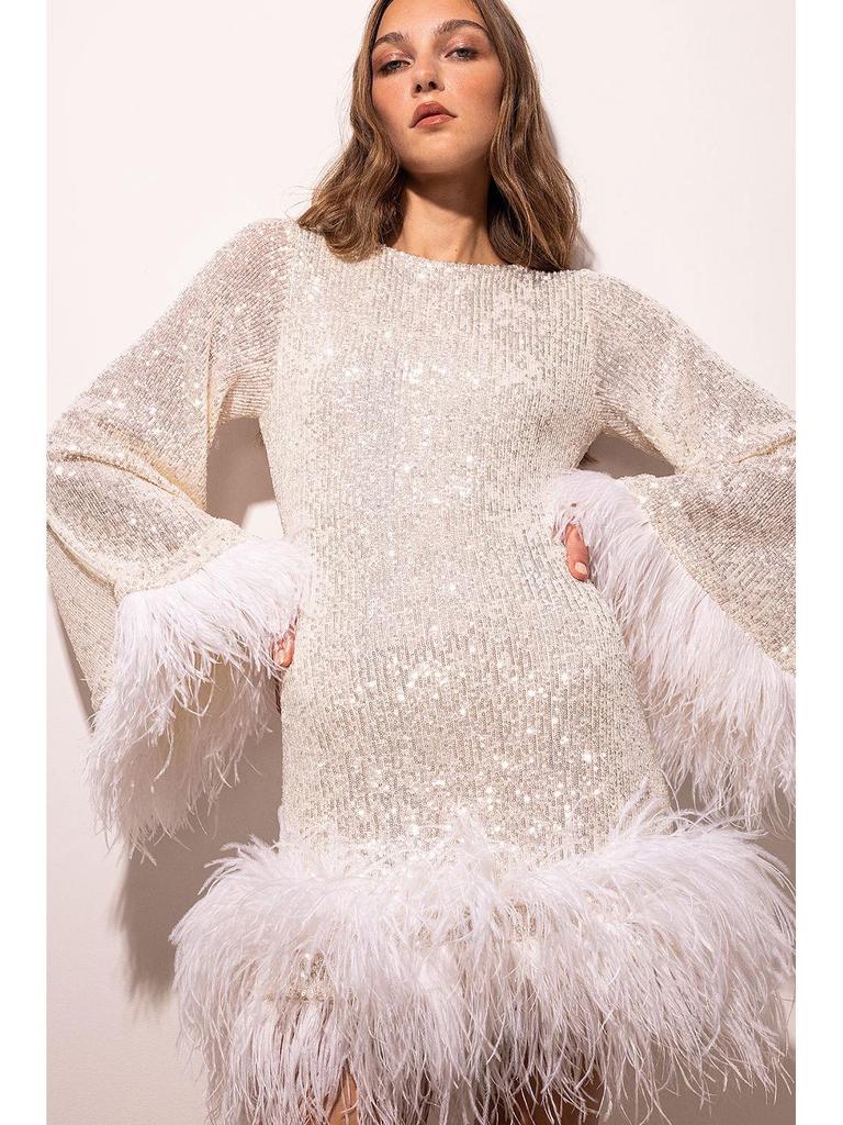 Autumn Sequin Feather Long Sleeve Backless Evening Dress - Waist-Cinching Short Skirt Design for Women