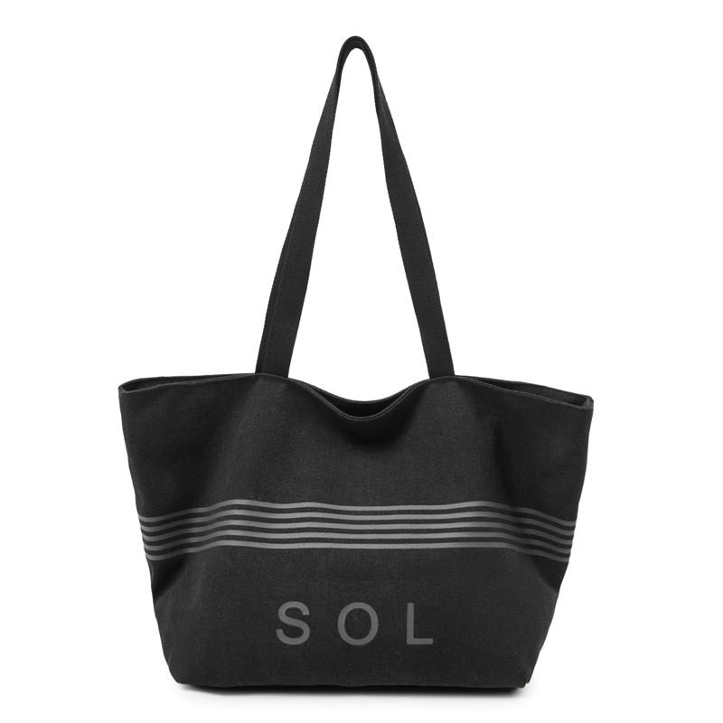 

Black Canvas Tote with Horizontal Striped Detail and Bold Lettering for Casual Daily or Beach Outing Use чёрный