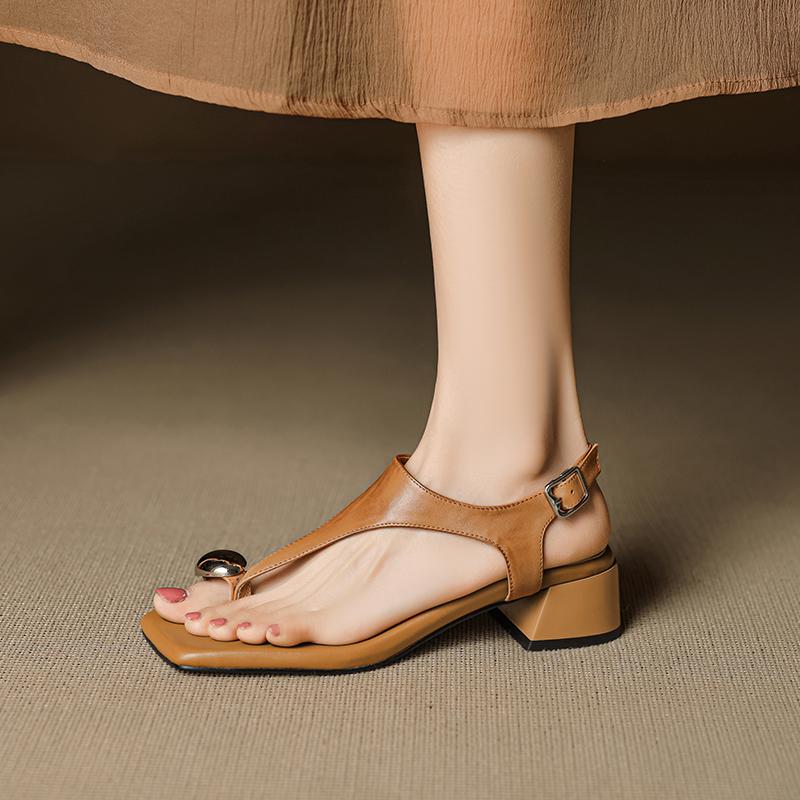 Fashion 2025 Summer Women Sandals Genuine Leather Women Shoes Open Toe Med Heel Women Shoes Flip Flops Modern T-Strap Sandals
