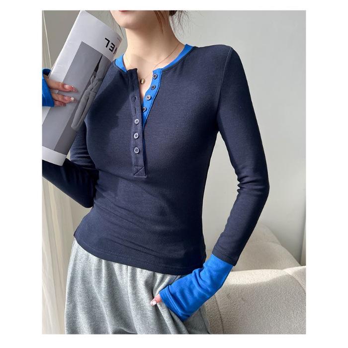 American Color Block Fashion Faux Two-Piece Long Sleeve Slimming Autumn Top