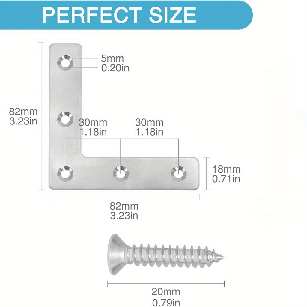 L-Shaped Frame Brackets, 8.2 X 8.2 Cm Right Angle Supports with 40 Screws Included - Durable 201 Stainless Steel for Wood & Metal Projects