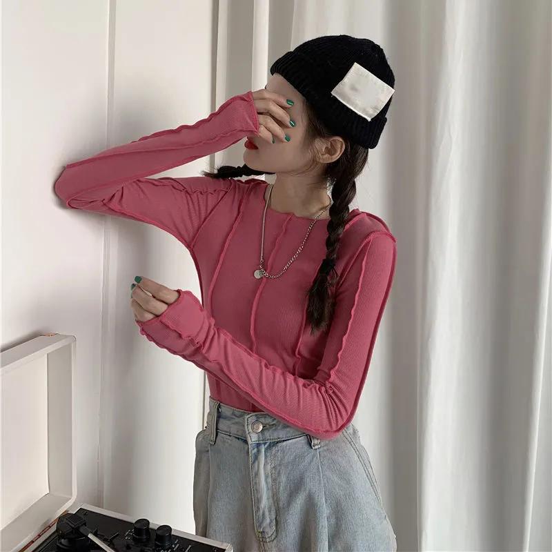 

WTEMPO женские футболки с длинным рукавом и круглым вырезом, тонкие родо-синие шикарные уличные женские крутые корейские весенние повседневные топы One Size розы красного