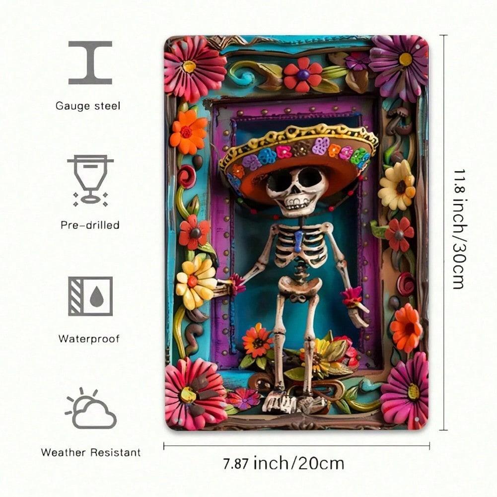 

Vibrant Sugar Skull Tin Sign Mexican Day Of The Dead Wall Art Floral Sombrero Skeleton Decor Halloween Fiesta Gift 20x30 разноцветный