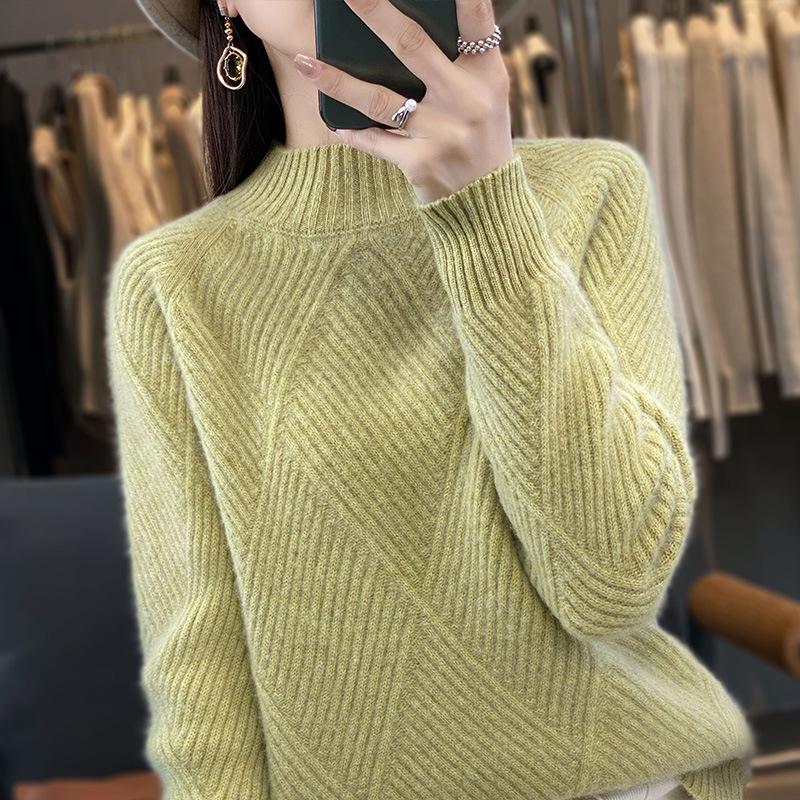 Women's Diamond Pattern Wool Pullover - Ribbed Knit, Half-High Neck, Long Sleeve, Solid Color for Autumn & Winter.