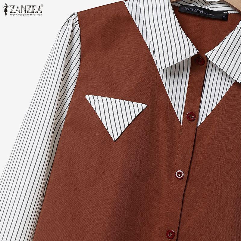 ZANZEA Women Stripe Splice Long Sleeve Blouse And Long Pants Casual Two Piece Suit Sets