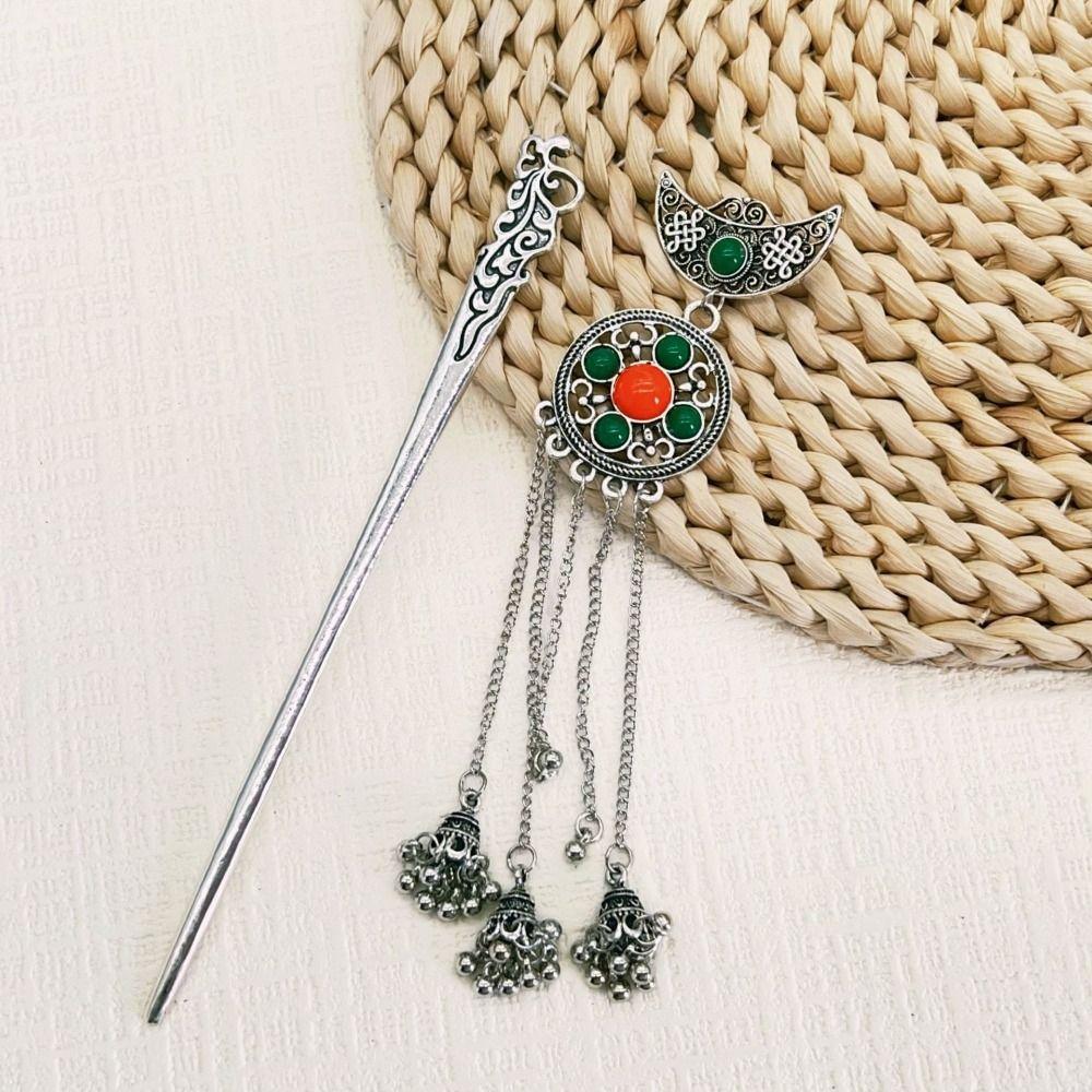 Ancient Crescent Shape Tassel Hairpin Metal Hanfu Hair Fork  Cheongsam Accessories