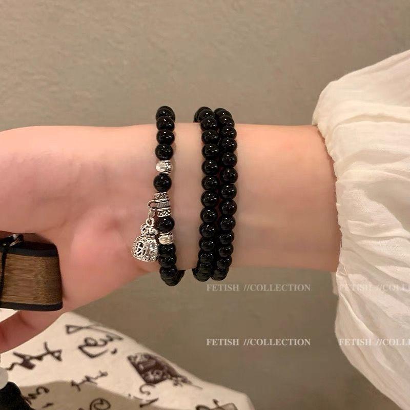 Retro Lucky Multi-Circle Bracelet Women's Accessories Tibetan Silver Obsidian Bracelet Couple Jewelry