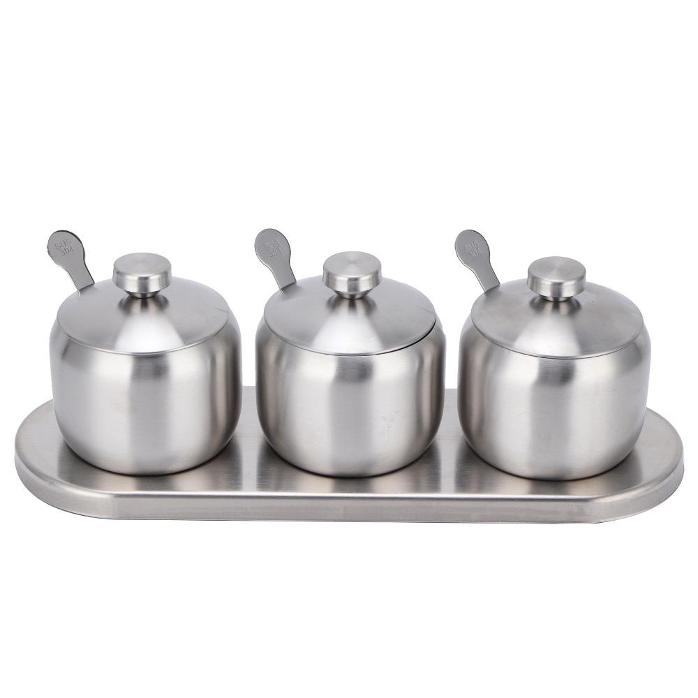 304 Stainless Steel Seasoning Pot Set 300ml With Lid Spice Jar Set With Serving Spoons With Non-slip Base