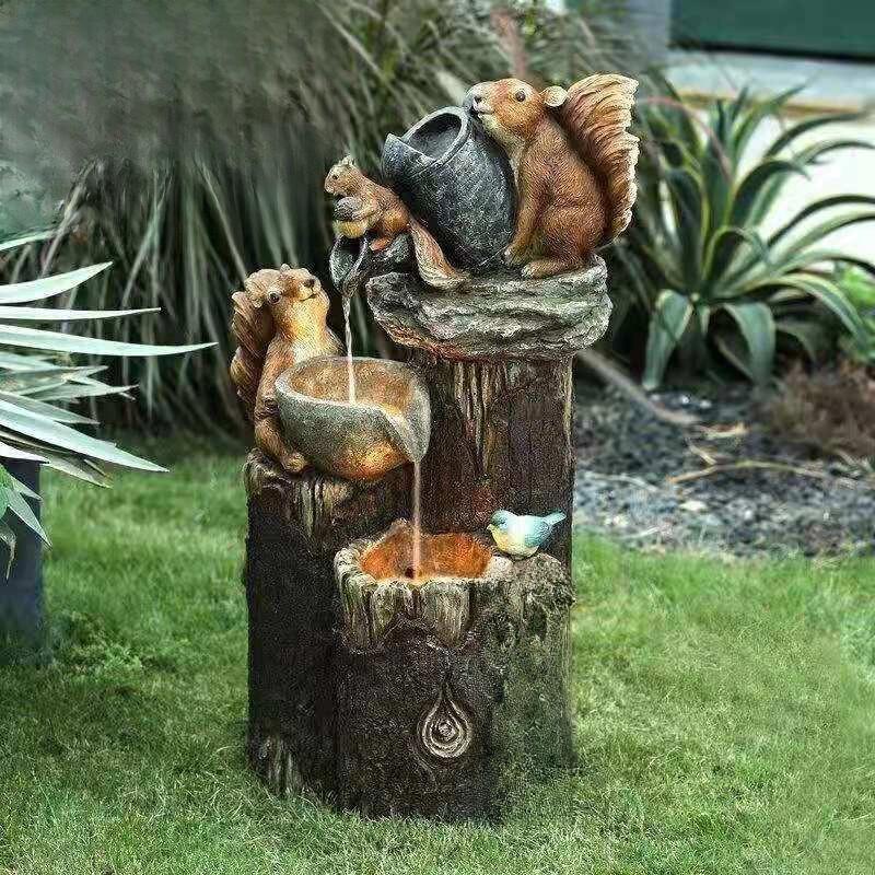 Squirrel And Duck Solar Water Fountain Resin Garden Decor For Patio And Lawn