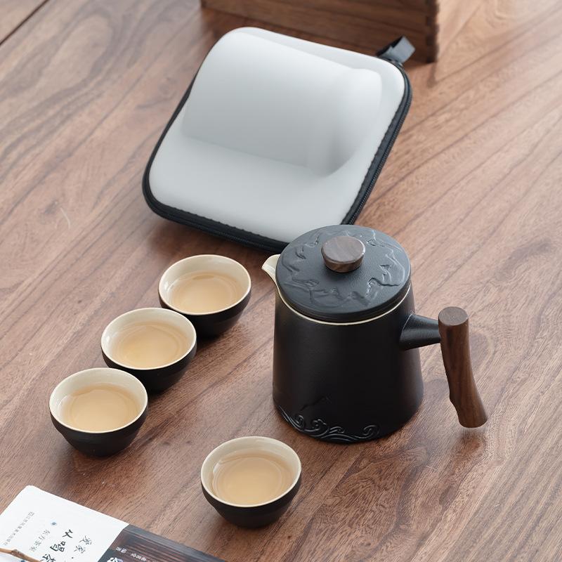 Travel Tea Set Outdoor Camping Portable Tea Set Black Pottery Kuaike Cup One Pot Four Cups Storage Bag Business Gifts