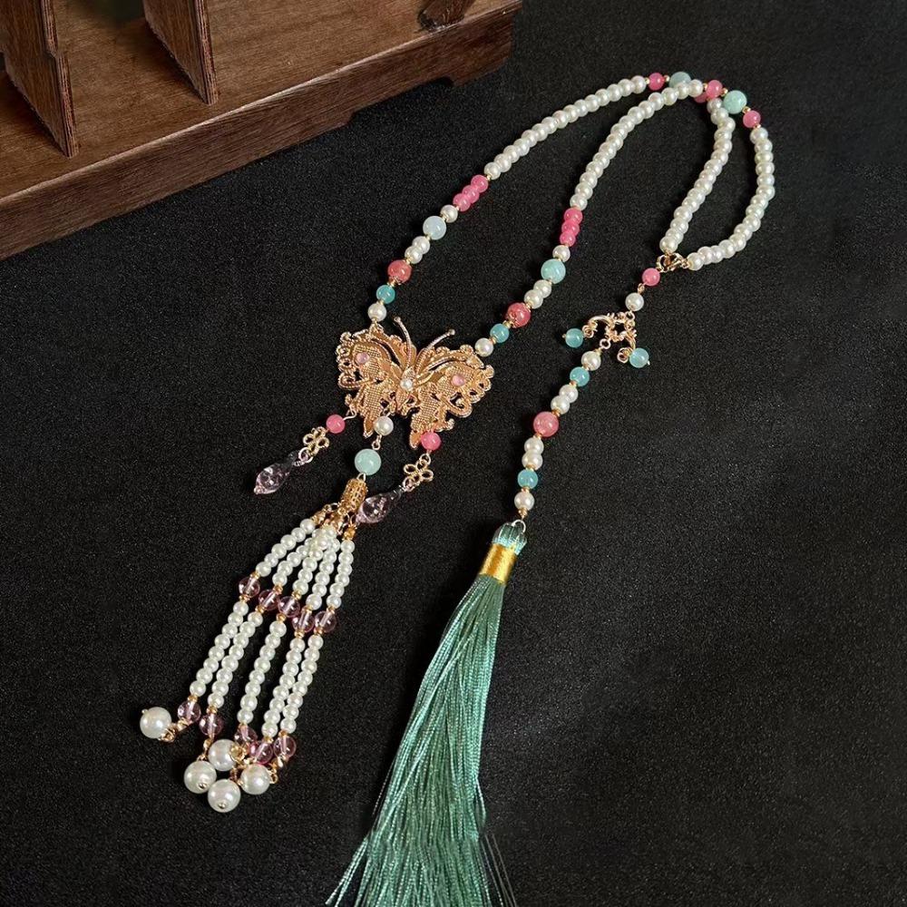 Retro Butterfly Necklace Fringed Chinese Style Necklace Pearl Pendant Necklace  Hanfu Costume