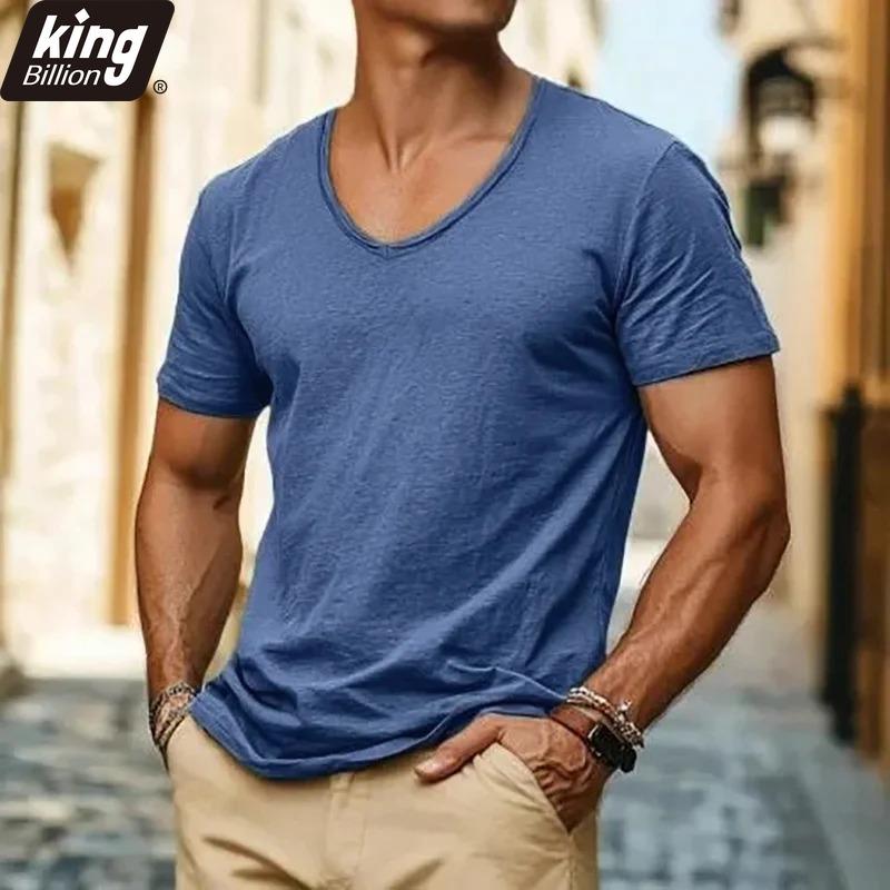 Camiseta Informal para Hombre de Manga Corta con Cuello en V - Tejido Slub Ajustada Lisa Beige Transpirable Verano Básica Diaria Camiseta Superior