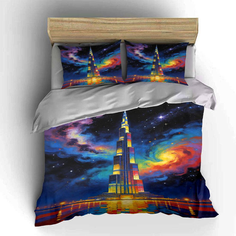 Colorful skyscraper and galaxy. Bedding sets Duvet cover sets Duvet covers Pillowcases(1 * Duvet Cover 2 * Pillowcases without duvet insert)