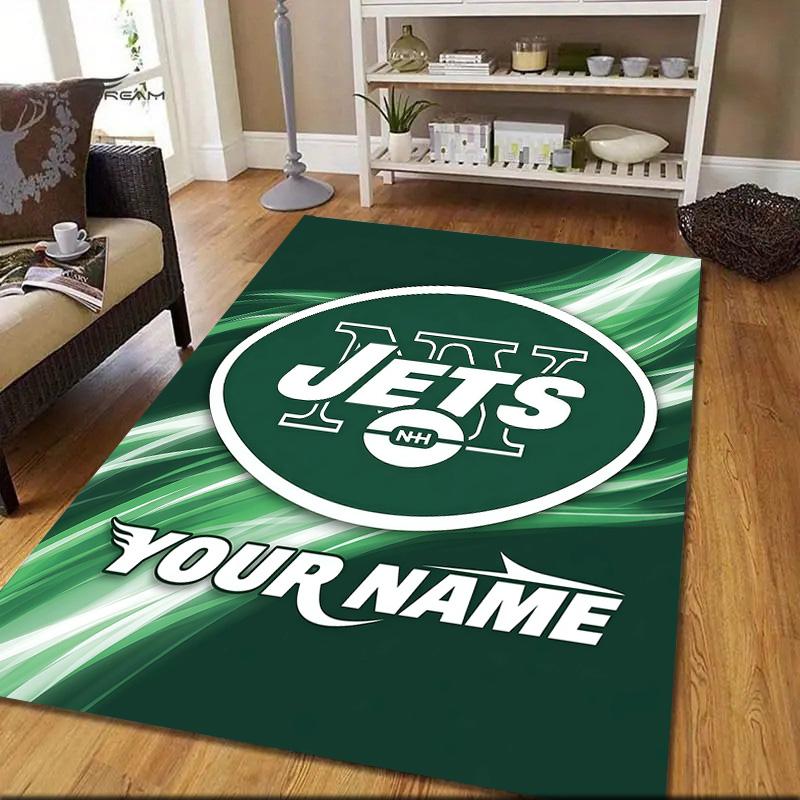 Custom Name New York Jets Flannel Pattern Square Carpet,Area Rug,Carpet Rug for Living Room Bedroom Sofa Playroom Decor,Non-slip Floor Mat