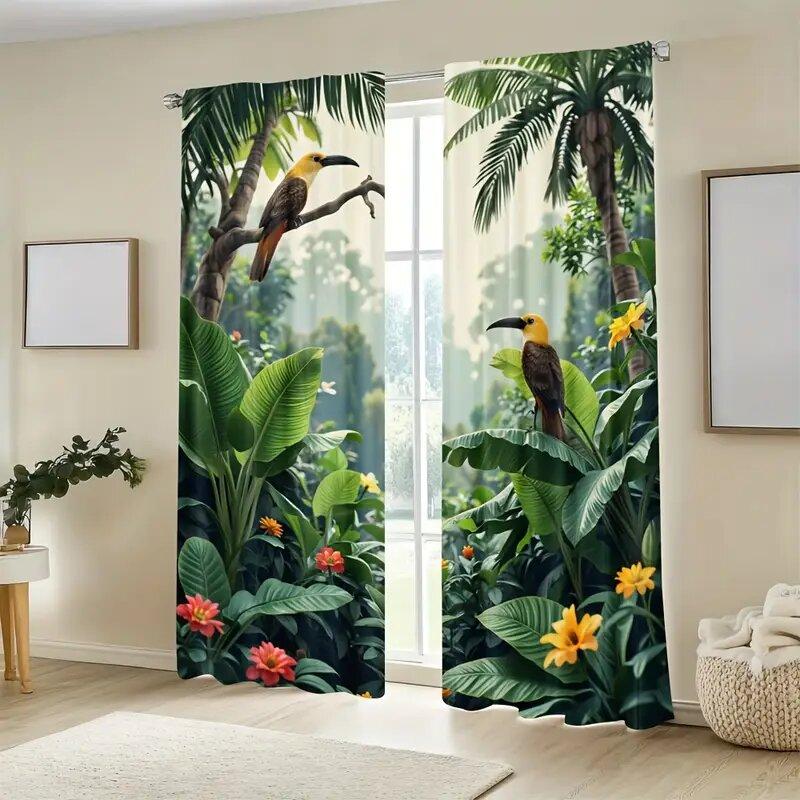 2pcs - Tropical Rainforest  Print Curtains   Pole Bag Curtains   Home Decoration   Room Decoration