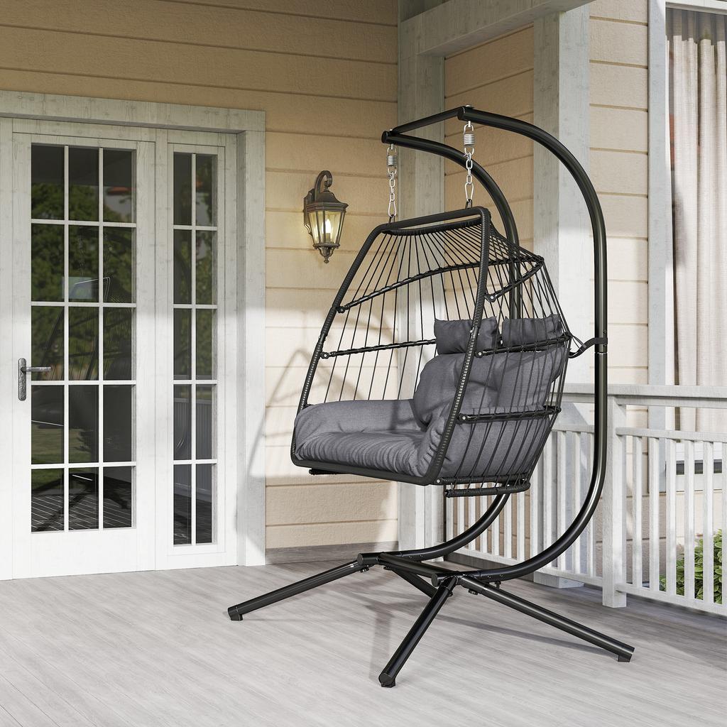Rattan Double Hanging Egg Chair with Stand, Foldable Wicker Swing Egg Chair with Cushion, Head Pillows, Steel Frame, Hammock Chair for Indoor Outdoor