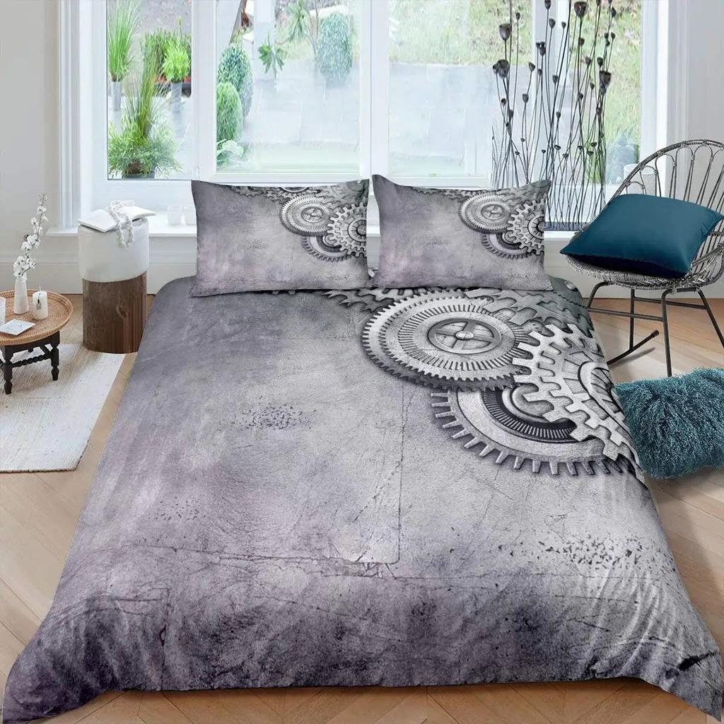 Gear Printing Duvet Cover Three-Piece Retro Mechanical Device Bedding Quilt Cover