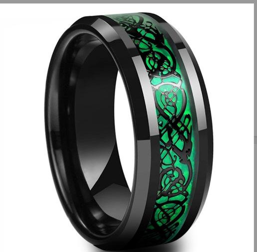 8mm Men's Stainless Steel Celtic Dragon Ring Inlay Red Green Black Carbon Fiber Wedding Band Jewelry Size 6-13