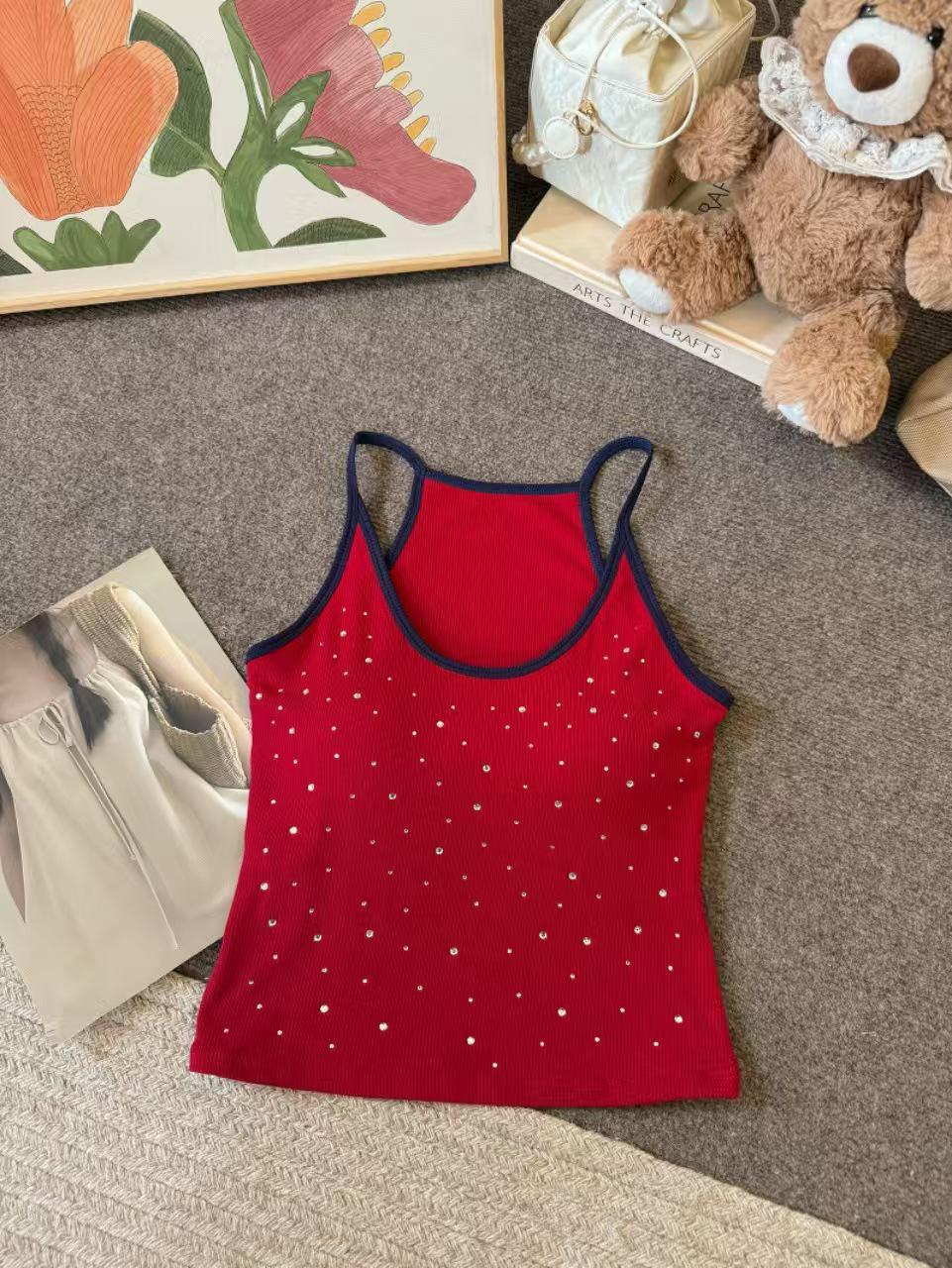 Women s Ribbed Sparkling Letter Contrast Camisole with Built-in Pads One Size [80-125 jin]