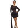 New Style European & American Mesh Spliced Ribbon Slim Fit Long Sleeve Dress - Solid Color, Sexy & Hip-Hugging
