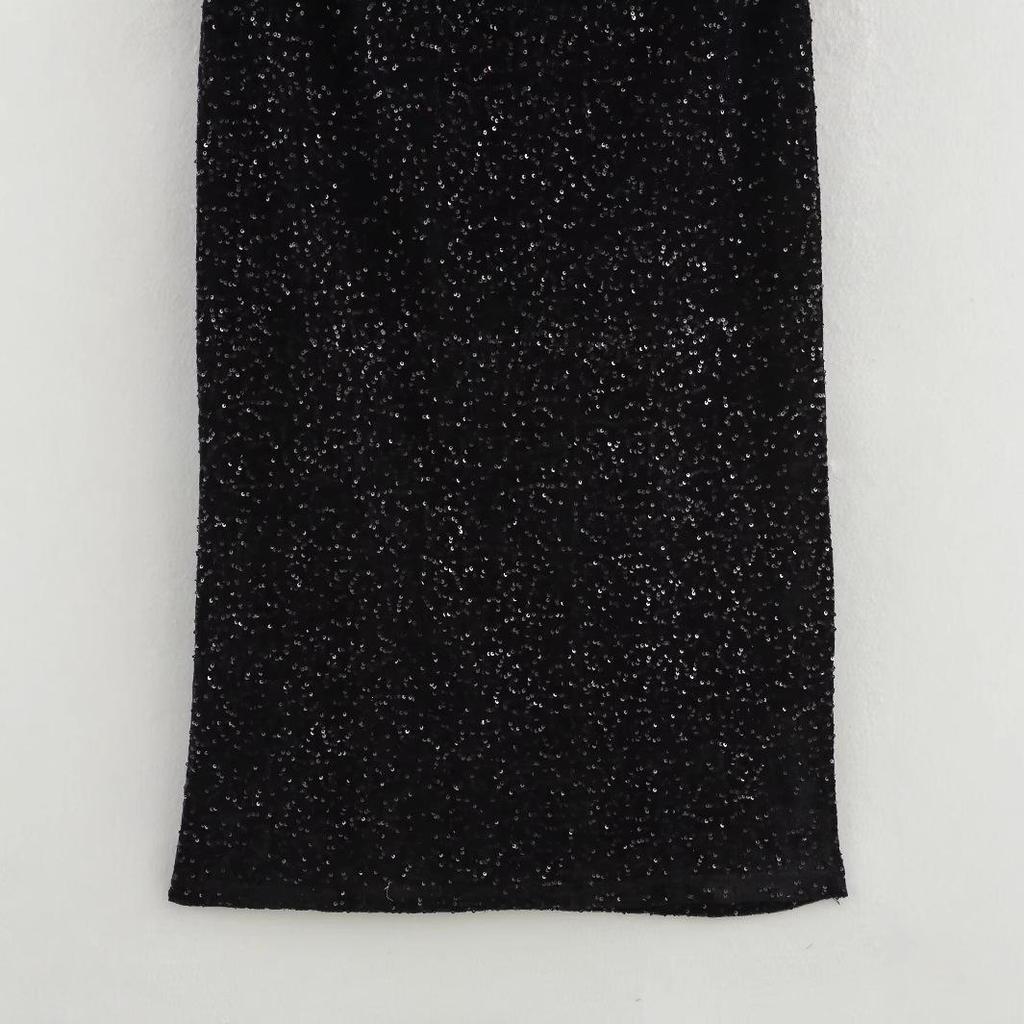 2025 Spring Women's Fashion: European-American Style Sequin Embroidery Shoulder Pad Dress