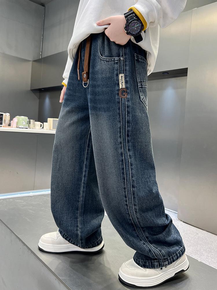 Boys' 2026 Autumn Jeans: Stylish Long Work Pants for Medium and Large Kids