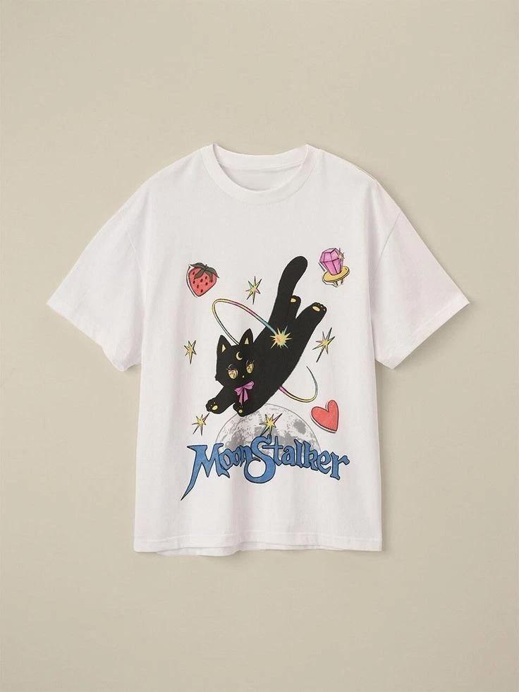 Moon Stalker Cat Cute Space Aesthetic Graphic T Shirt 2XL