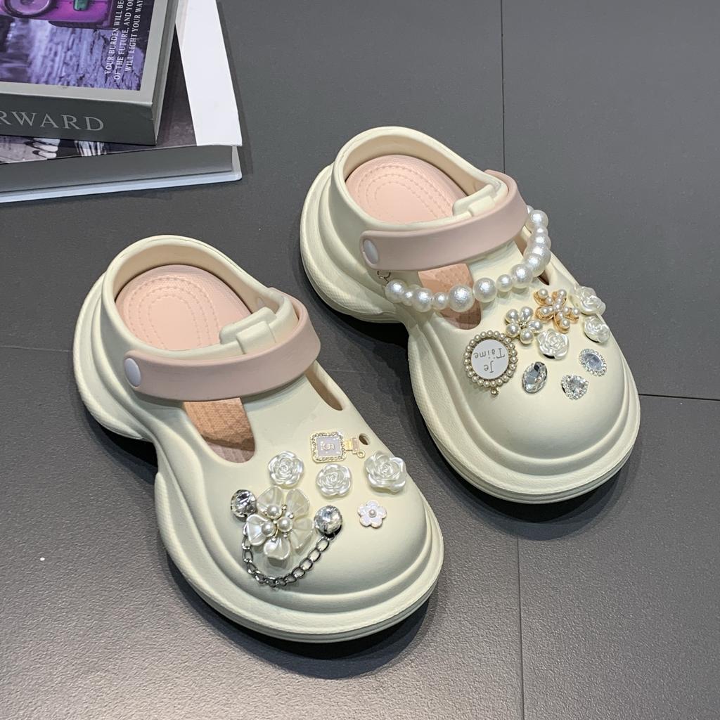 Pearl camellia cave shoes women's summer new fashion trend outer wear runaway not tired feet breathable bag head slippers