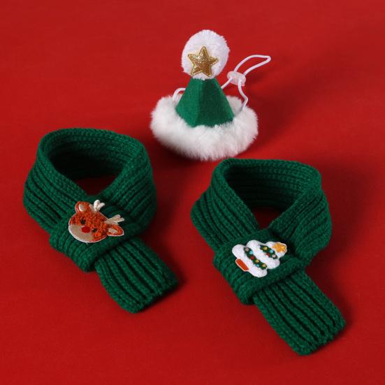 Christmas Pet Collar Embroidered Christmas Tree Snowman Santa Claus Elk Pattern Pet Knitted Scarf Hat Set