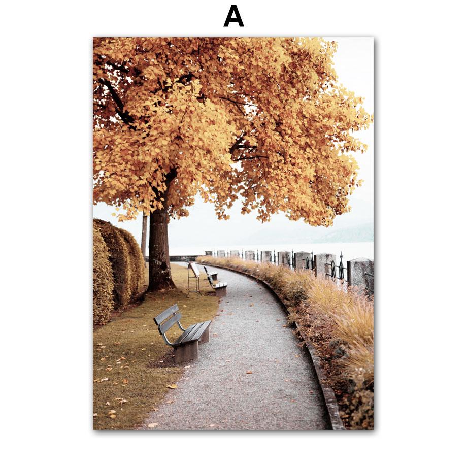 Autumn Decoration Canvas Poster Yellow Tree Leaves Fall View Wall Art Print Pumpkin Painting Fox Picture Living Room Home Decor