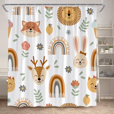 Cartoon Tiere Duschvorhänge Niedlicher Fuchs Löwe Reh Hase Herbstliche Blumenpflanze Kinder Badevorhang Polyester Badezimmer Badewanne Dek