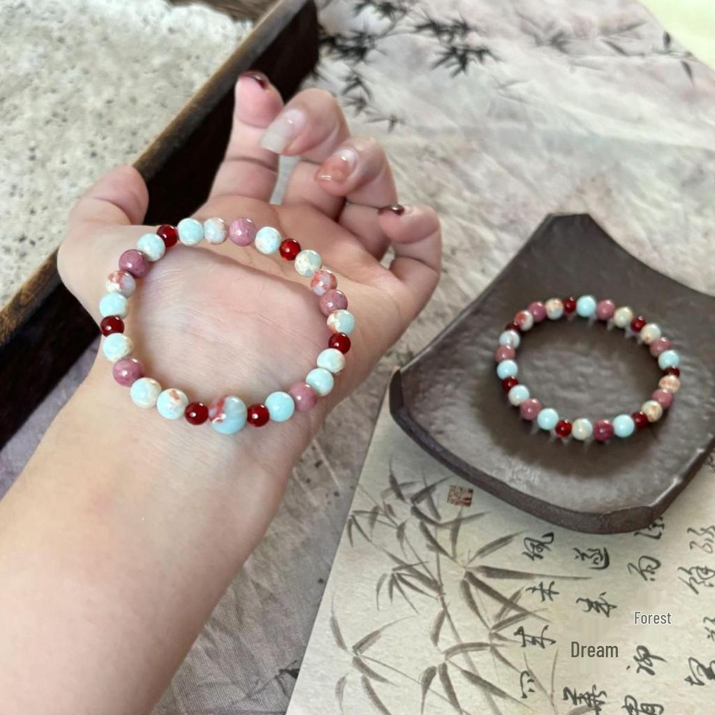 2024 Shoushan Red Veined Stone Beaded Bracelet: National Style Jewelry Gift for Women